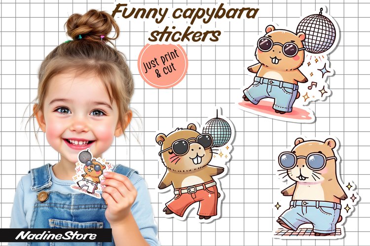 Funny capybara printable stickers. PNG.