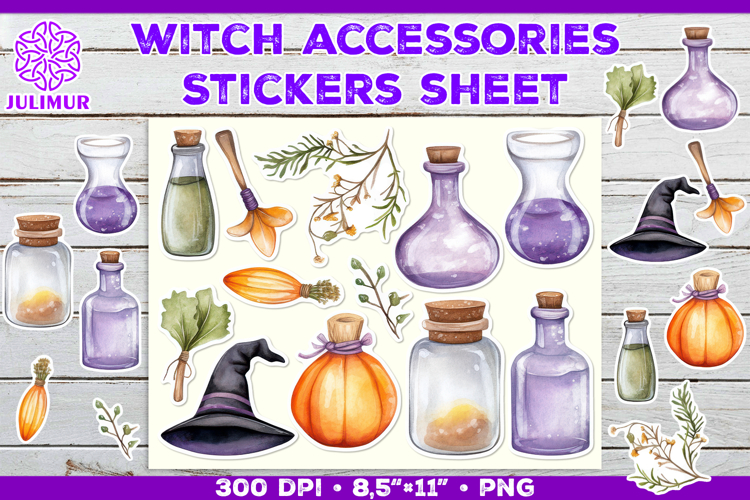 Printable Stickers Sheet with Watercolor witch accessories
