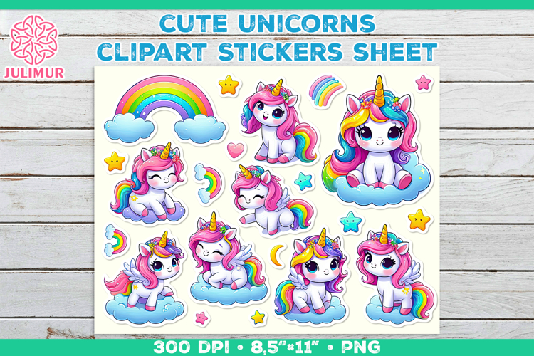 Cute Cartoon Unicorn Printable Stickers with Rainbow
