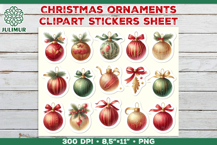 Watercolor Christmas Ornaments Printable Stickers Sheet