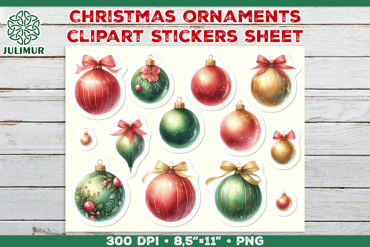 Watercolor Christmas Ornaments Printable Stickers Sheet