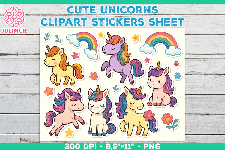 Cute Cartoon Unicorn Printable Stickers with Rainbow