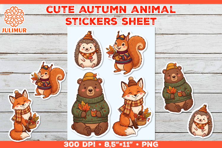 Autumn Animal Stickers PNG with Fox Bear Squirrel Hedgehog