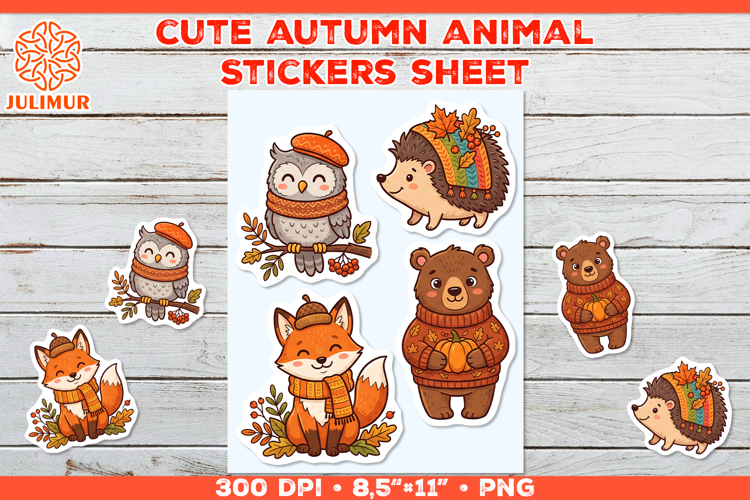 Autumn Animal Stickers PNG with Fox Owl Bear Hedgehog