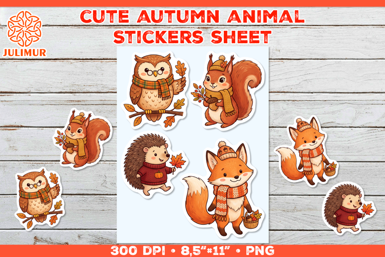 Autumn Animal Stickers PNG with Fox Owl Squirrel Hedgehog