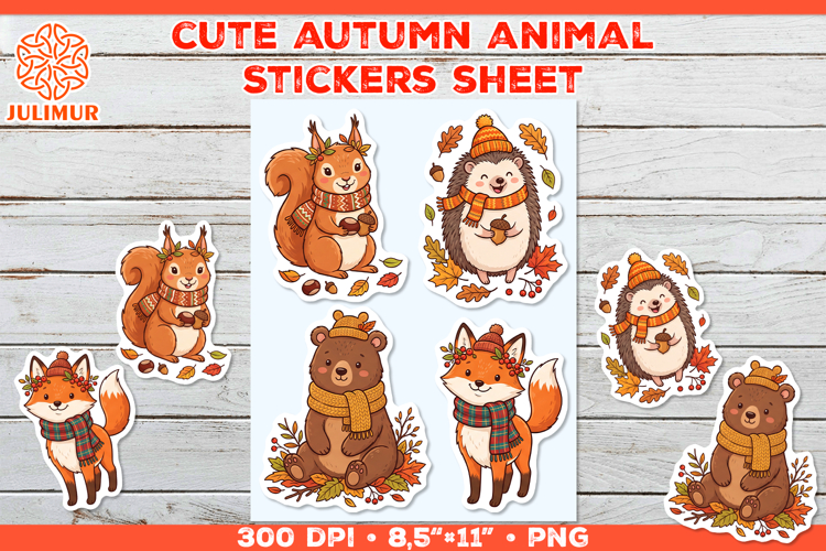 Autumn Animal Stickers PNG with Fox Bear Squirrel Hedgehog