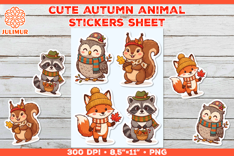 Autumn Animal Stickers PNG with Fox Owl Squirrel Raccoon