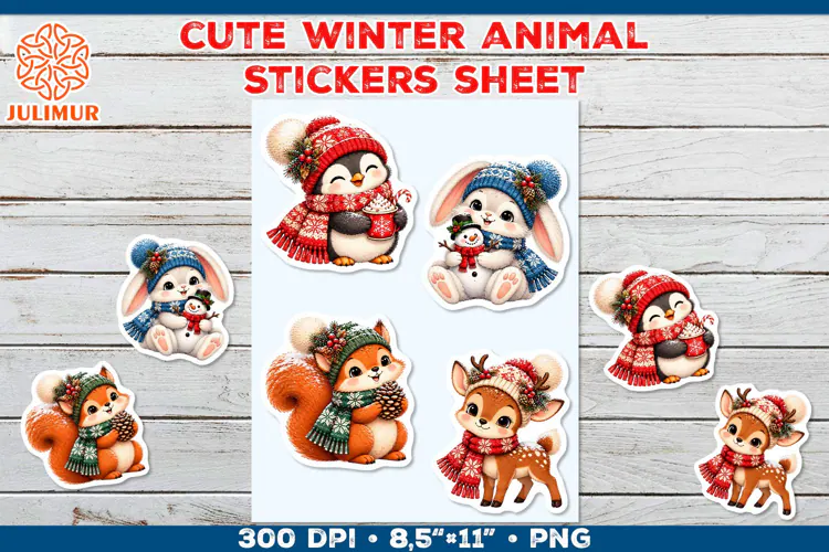 Cute Winter Animal Stickers with Cozy Knitted Accessories