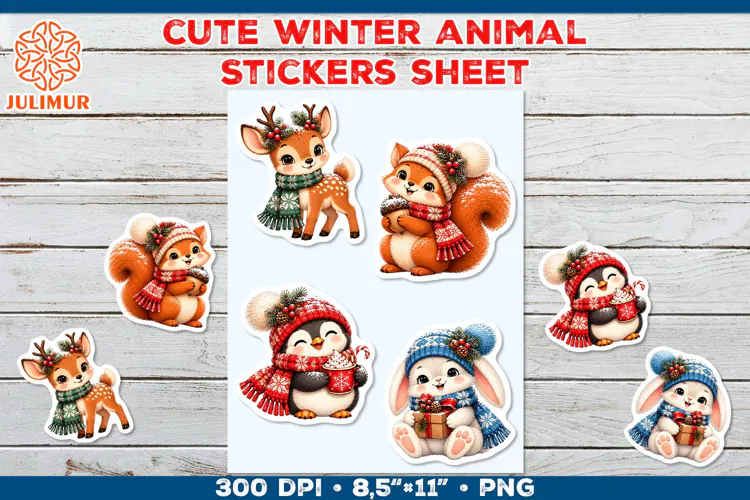 Cute Winter Animal Stickers with Cozy Knitted Accessories