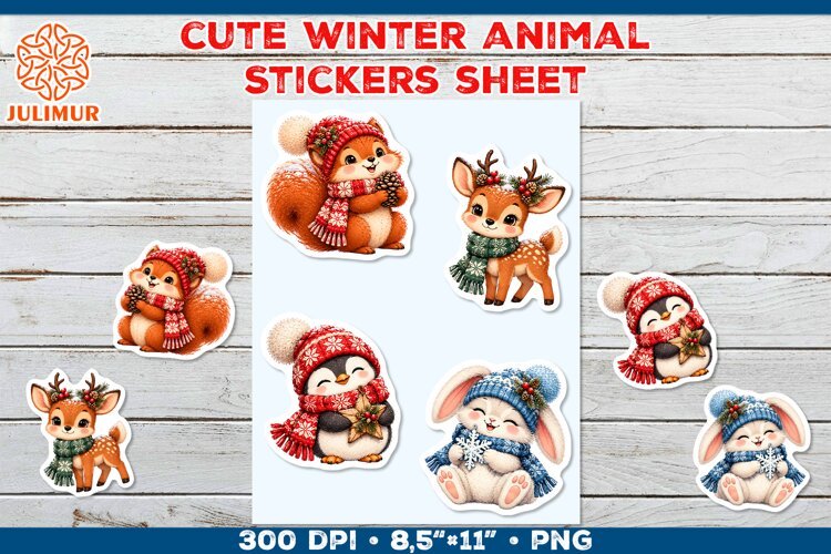 Cute Winter Animal Stickers with Cozy Knitted Accessories example image 1