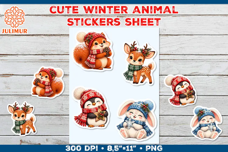 Cute Winter Animal Stickers with Cozy Knitted Accessories