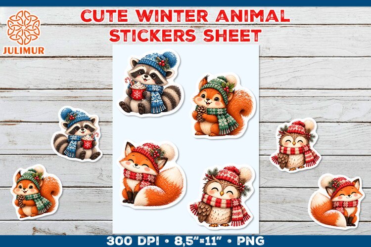 Cute Winter Animal Stickers with Cozy Knitted Accessories example image 1