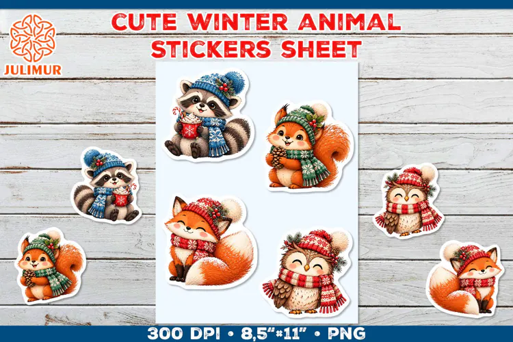 Cute Winter Animal Stickers with Cozy Knitted Accessories