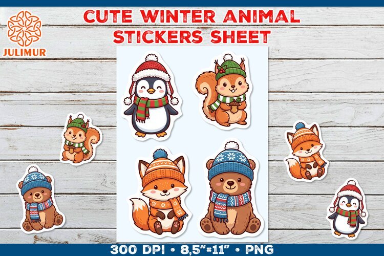 Cute Winter Animal Stickers with Cozy Knitted Accessories example image 1