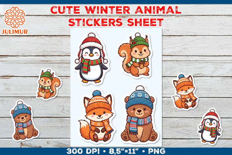 Cute Winter Animal Stickers with Cozy Knitted Accessories