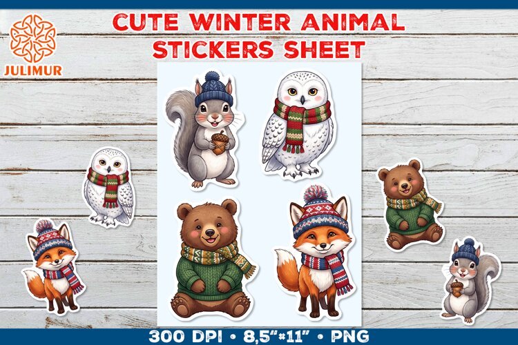 Cute Winter Animal Stickers with Cozy Knitted Accessories example image 1