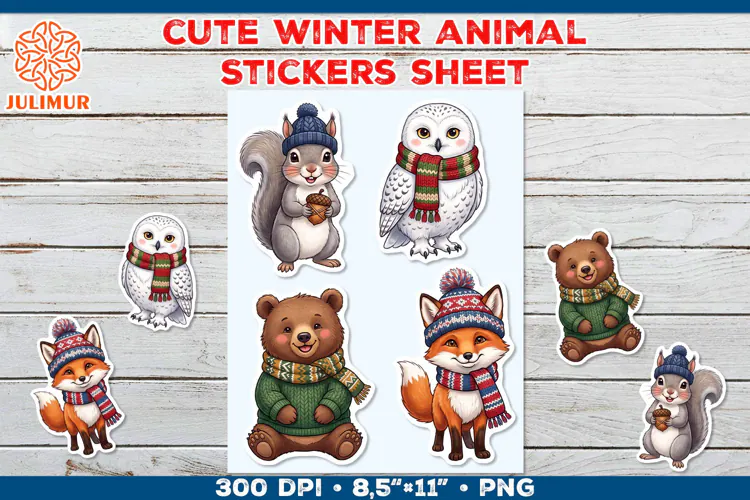 Cute Winter Animal Stickers with Cozy Knitted Accessories