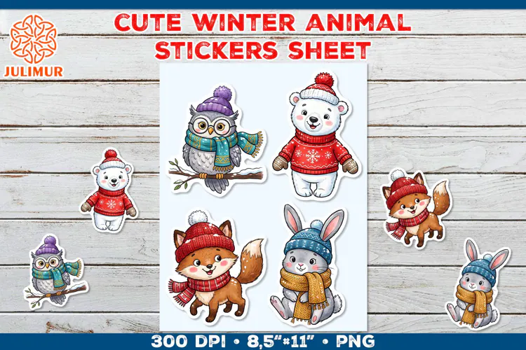 Cute Winter Animal Stickers with Cozy Knitted Accessories