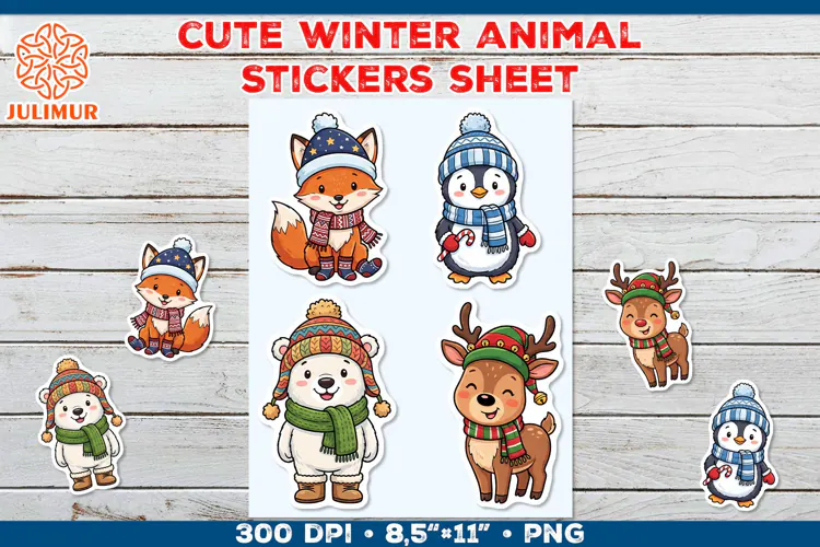 Cute Winter Animal Stickers with Cozy Knitted Accessories
