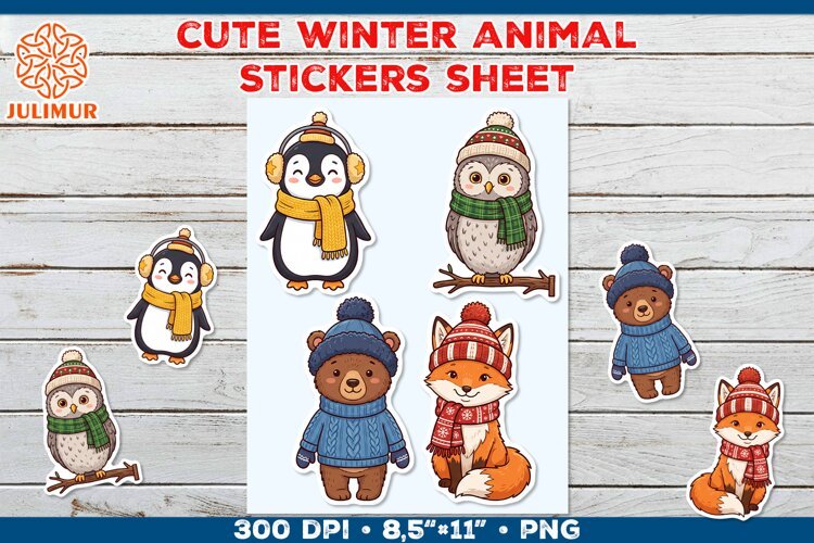 Cute Winter Animal Stickers with Cozy Knitted Accessories example image 1