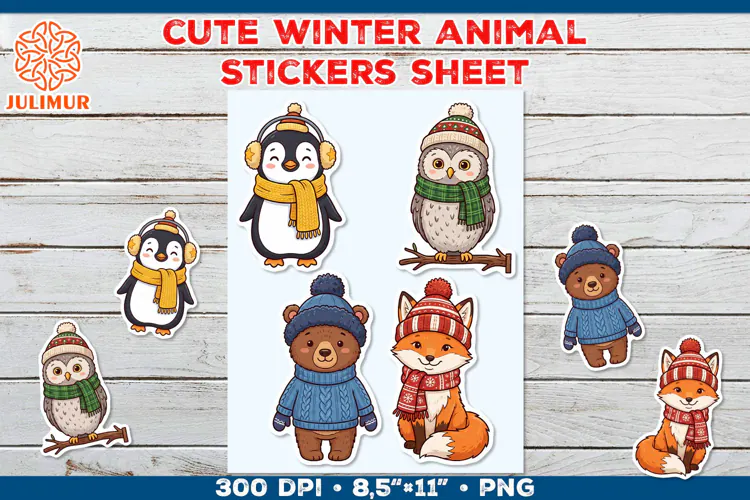 Cute Winter Animal Stickers with Cozy Knitted Accessories