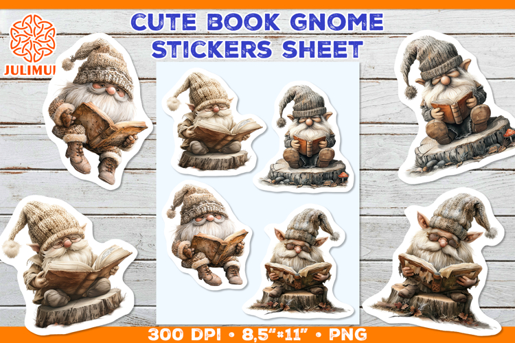 Reading Scandinavian Gnome Sticker Sheet with Vintage Book