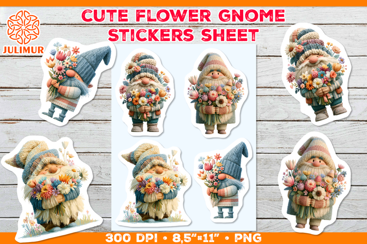 Spring Garden Gnome Sticker Sheet with Colorful Flowers