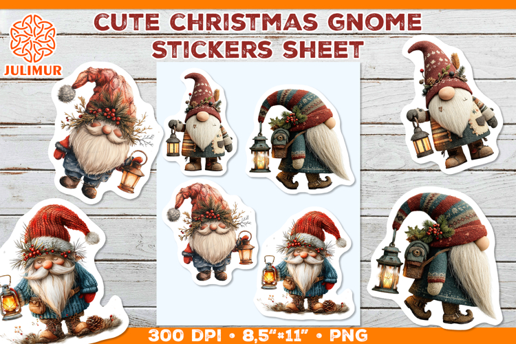 Christmas Gnome Sticker Sheet with Vintage Lantern