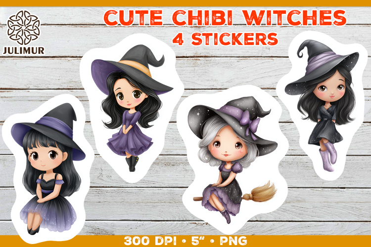 Halloween stickers PNG. Printable Stickers with Chibi Witch