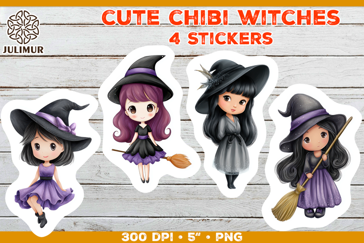 Halloween stickers PNG. Printable Stickers with Chibi Witch