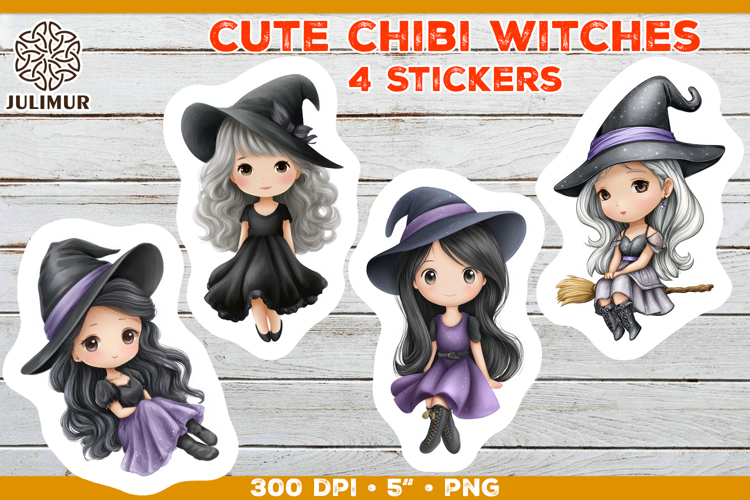 Halloween stickers PNG. Printable Stickers with Chibi Witch