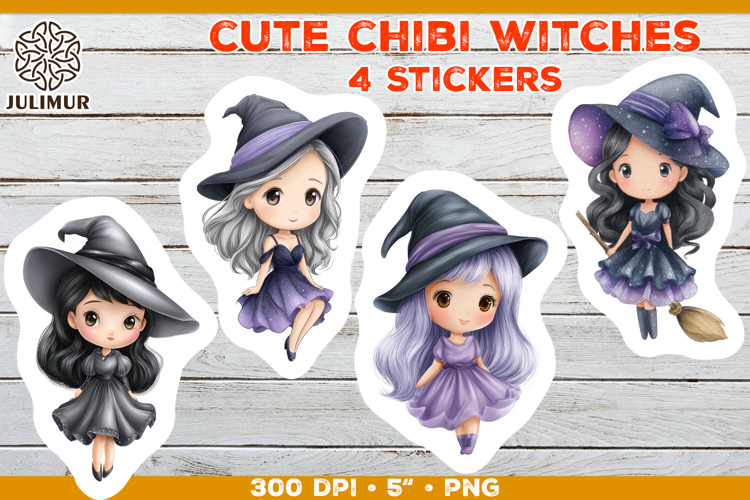 Halloween stickers PNG. Printable Stickers with Chibi Witch