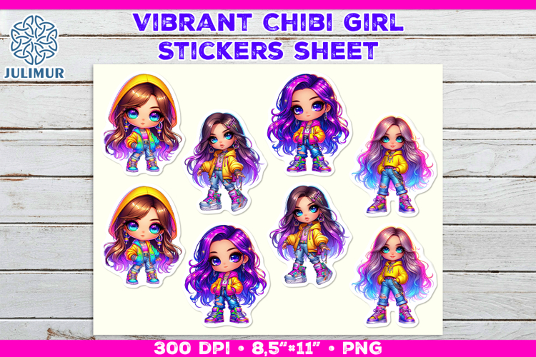 Vibrant Chibi Girl Stickers. Cute Planner Stickers PNG
