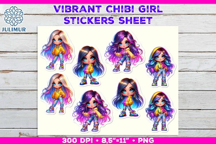 Vibrant Chibi Girl Stickers. Cute Planner Stickers PNG
