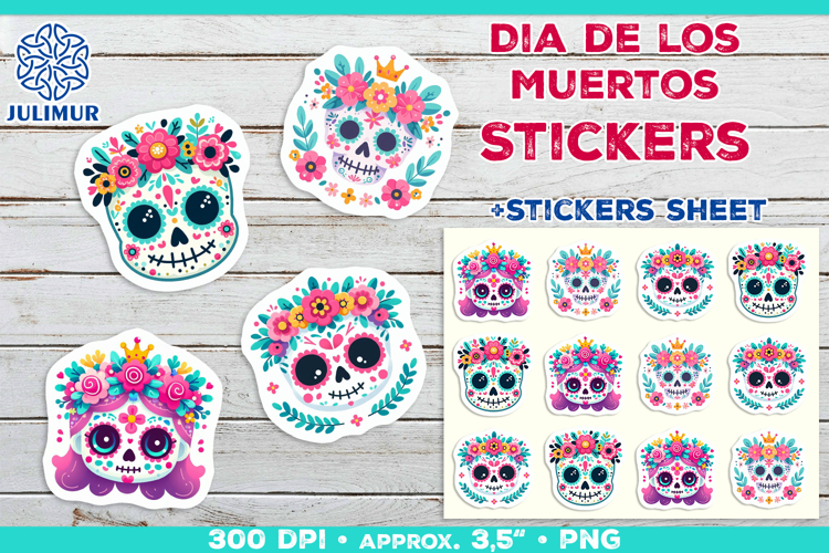 Cute Sugar Skull Printable Stickers with Floral Crown