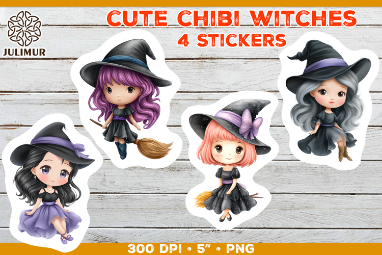 Halloween stickers PNG. Printable Stickers with Chibi Witch