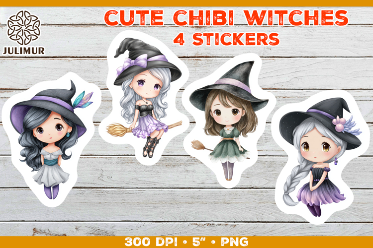 Halloween stickers PNG. Printable Stickers with Chibi Witch