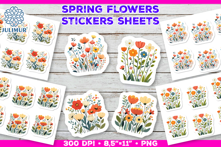 Bright Spring Flower Stickers, Vibrant Floral Clipart