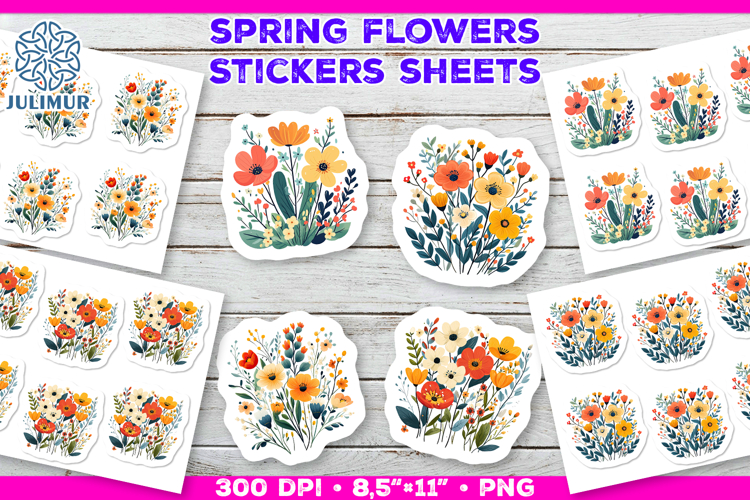 Bright Spring Flower Stickers, Vibrant Floral Clipart
