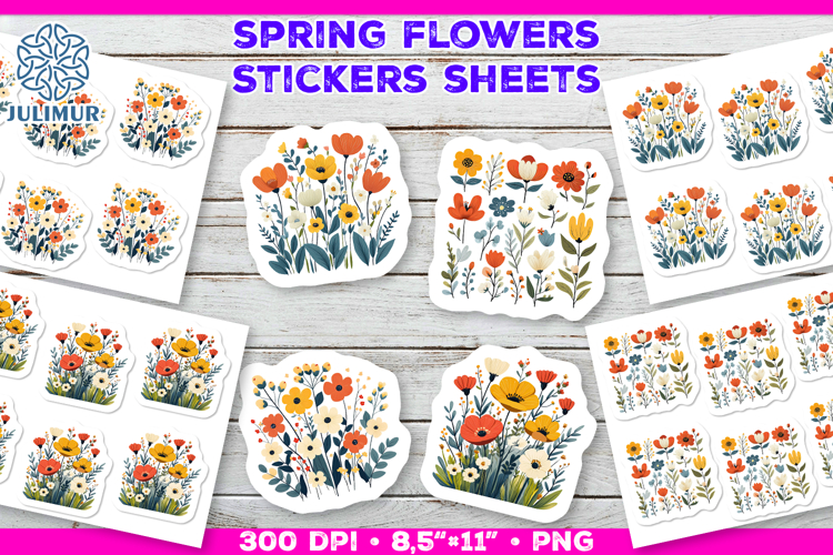 Bright Spring Flower Stickers, Vibrant Floral Clipart