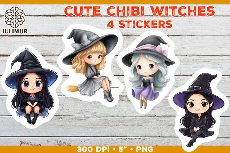 Halloween stickers PNG. Printable Stickers with Chibi Witch