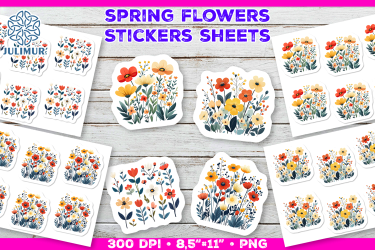 Bright Spring Flower Stickers, Vibrant Floral Clipart