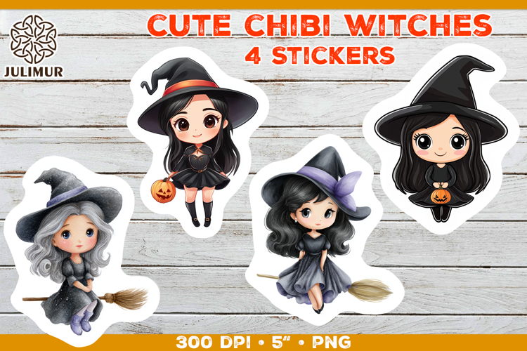 Halloween stickers PNG. Printable Stickers with Chibi Witch
