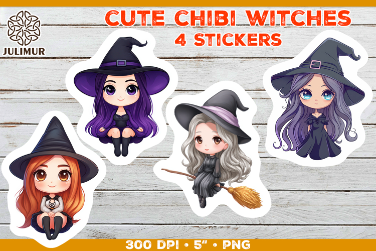 Halloween stickers PNG. Printable Stickers with Chibi Witch