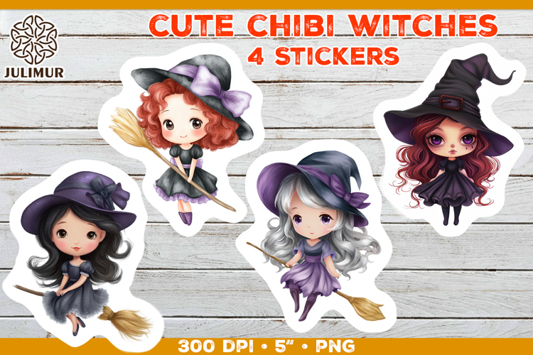 Halloween stickers PNG. Printable Stickers with Chibi Witch