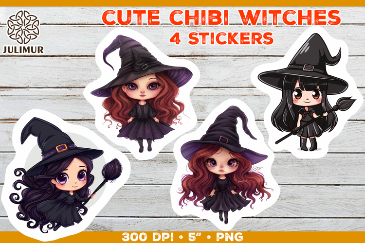 Halloween stickers PNG. Printable Stickers with Chibi Witch