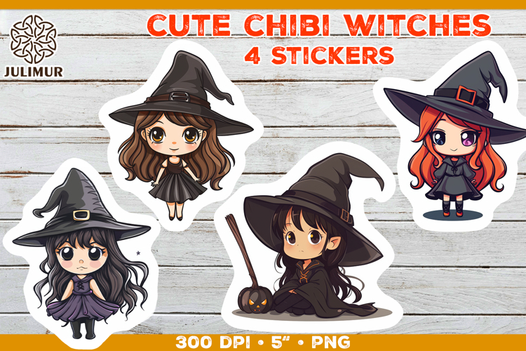 Halloween stickers PNG. Printable Stickers with Chibi Witch