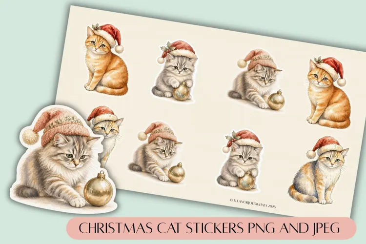 4 Cute Christmas Cats Stickers and Sticker Sheet PNG & JPEG
