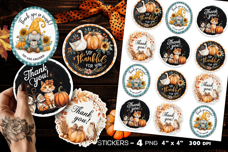 Thank you stickers, autumn stickers, 4 Stickers Printables