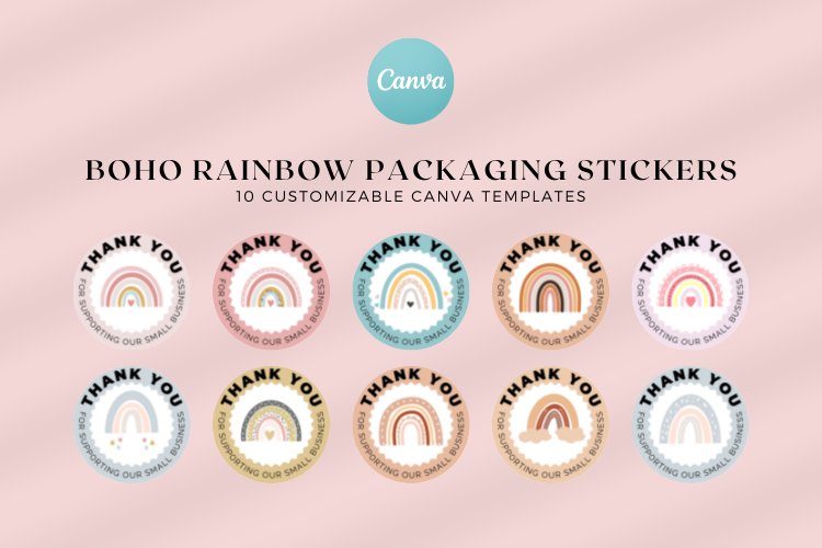 Boho Rainbow Packaging Stickers Canva Template
